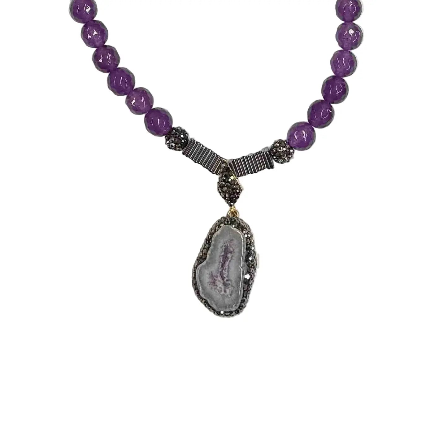 Gold Plated Natural Light Amethyst Pendant & Beaded Necklace Hey Bou