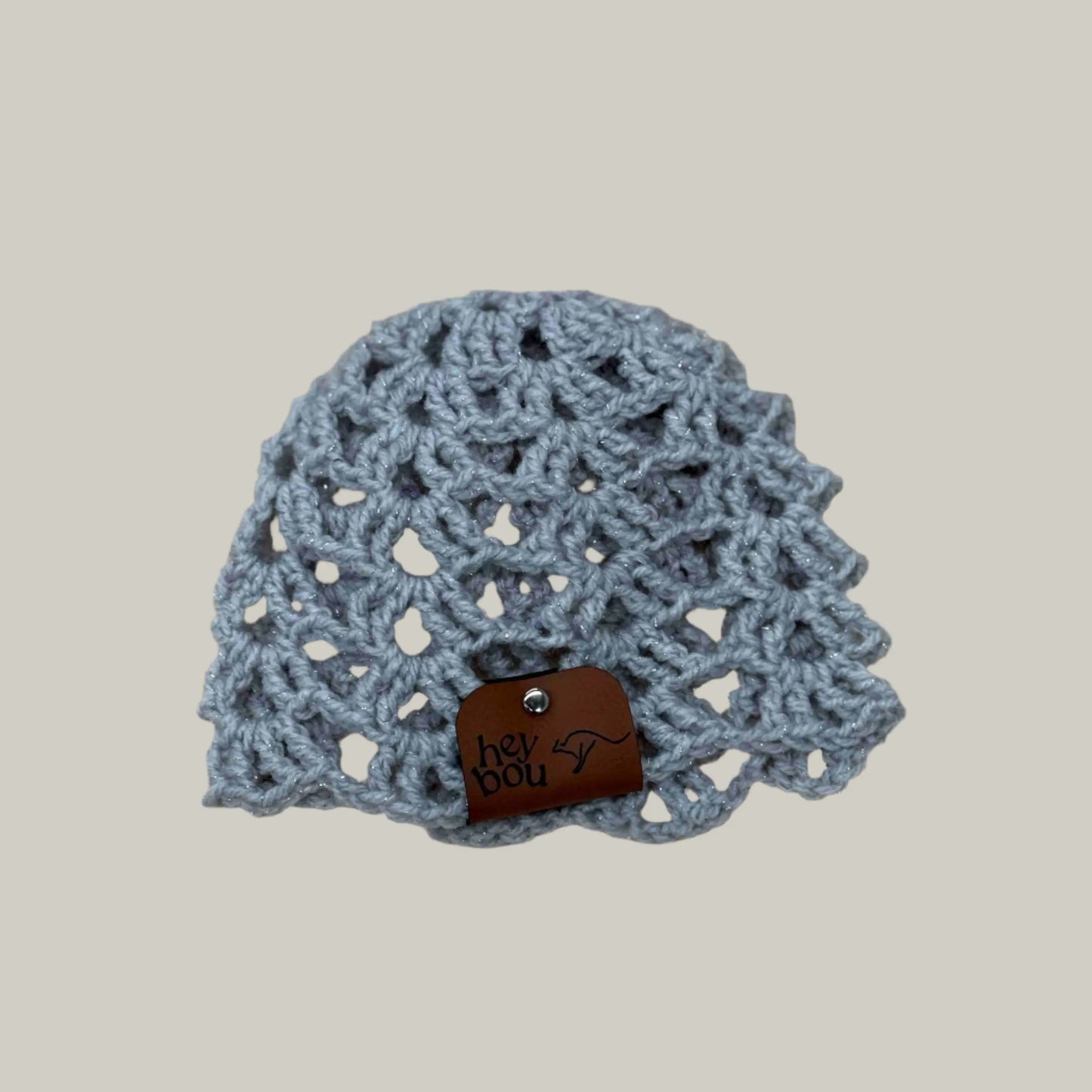 Light Grey Open Lace Treble Crochet Sparkle Baby Beanie 32-47cm H 14cm HeyBou - Made by Lisa