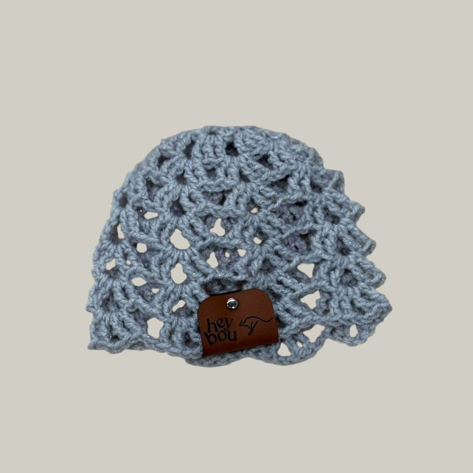 Light Grey Open Lace Treble Crochet Sparkle Baby Beanie 32-47cm H 14cm HeyBou - Made by Lisa