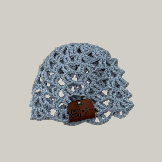 Light Grey Open Lace Treble Crochet Sparkle Baby Beanie 32-47cm H 14cm HeyBou - Made by Lisa