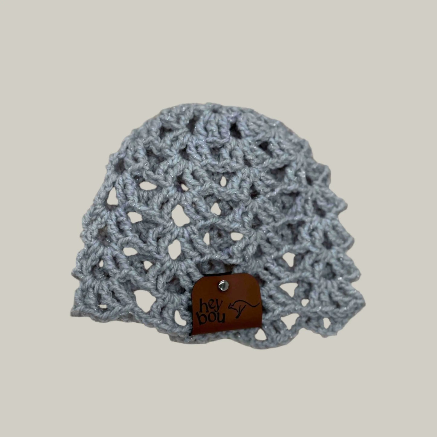 Light Grey Open Lace Treble Crochet Sparkle Baby Beanie 32-47cm H 14cm HeyBou - Made by Lisa