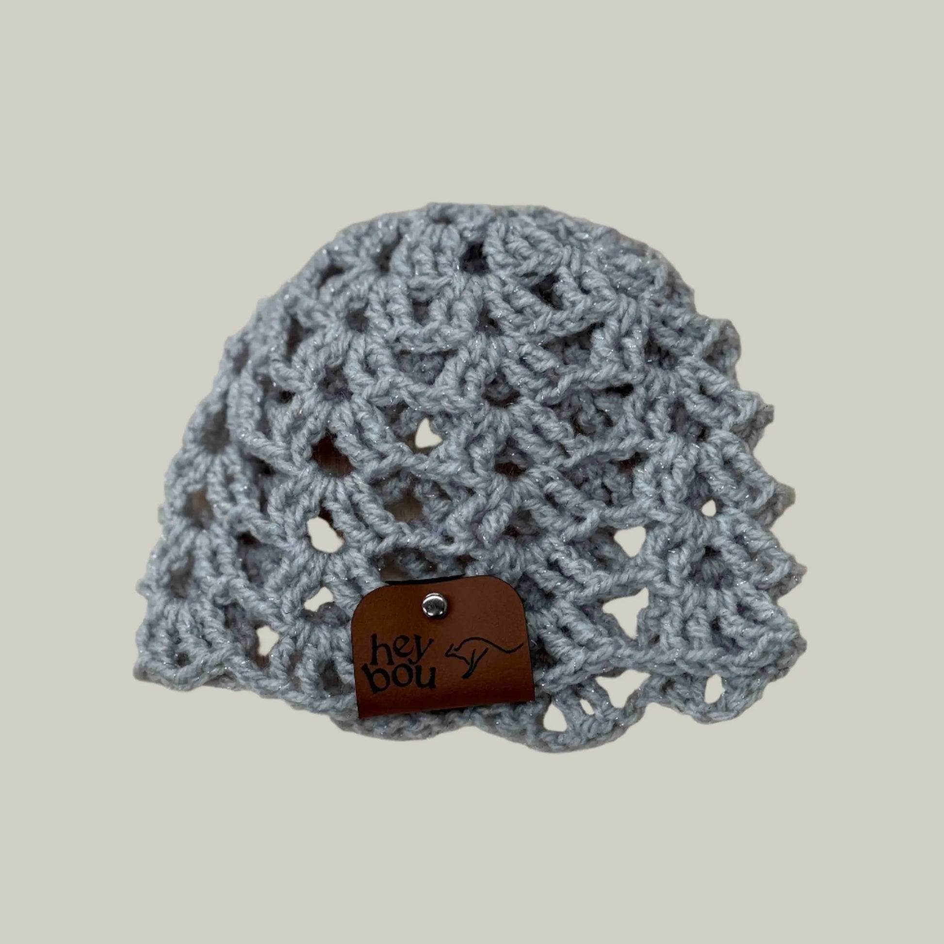 Light Grey Open Lace Treble Crochet Sparkle Baby Beanie 32-47cm H 14cm HeyBou - Made by Lisa