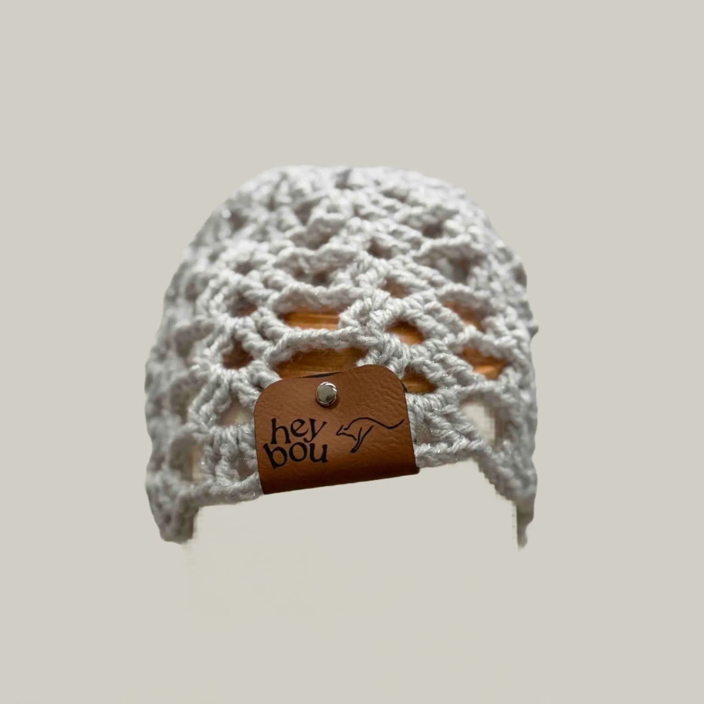 Light Grey Open Lace Treble Crochet Sparkle Baby Beanie 32-47cm H 14cm HeyBou - Made by Lisa