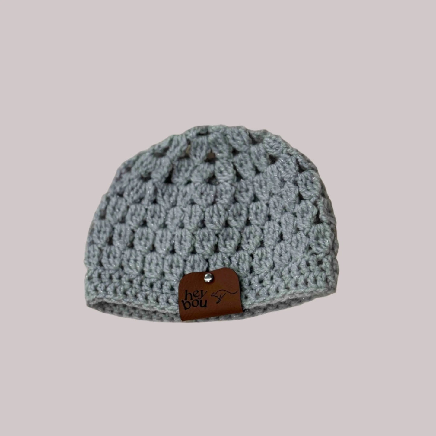 Light Grey Sparkle Treble Cluster & Double Crochet Baby Beanie 36-47cm H 14cm HeyBou - Made by Lisa