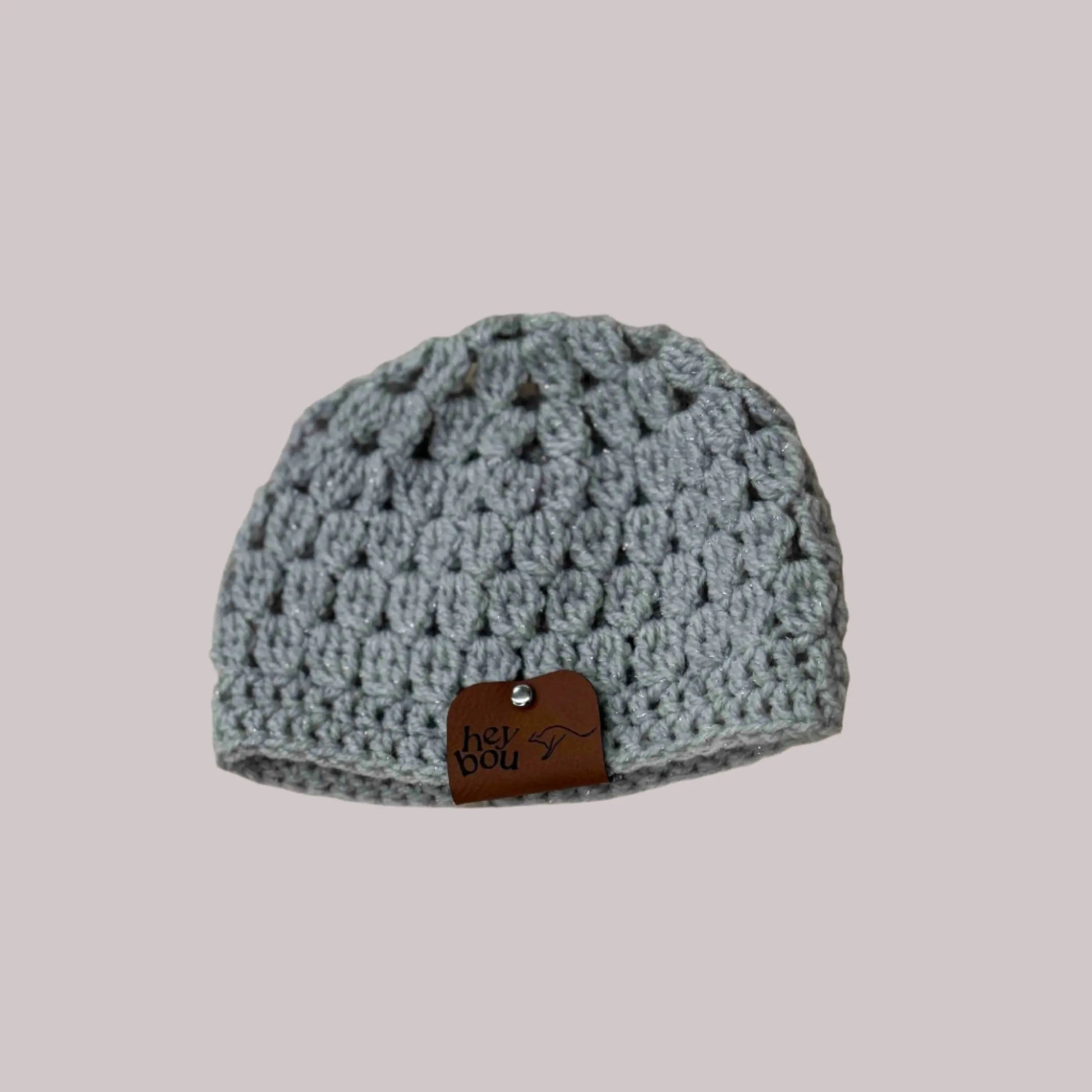 Light Grey Sparkle Treble Cluster & Double Crochet Baby Beanie 36-47cm H 14cm HeyBou - Made by Lisa