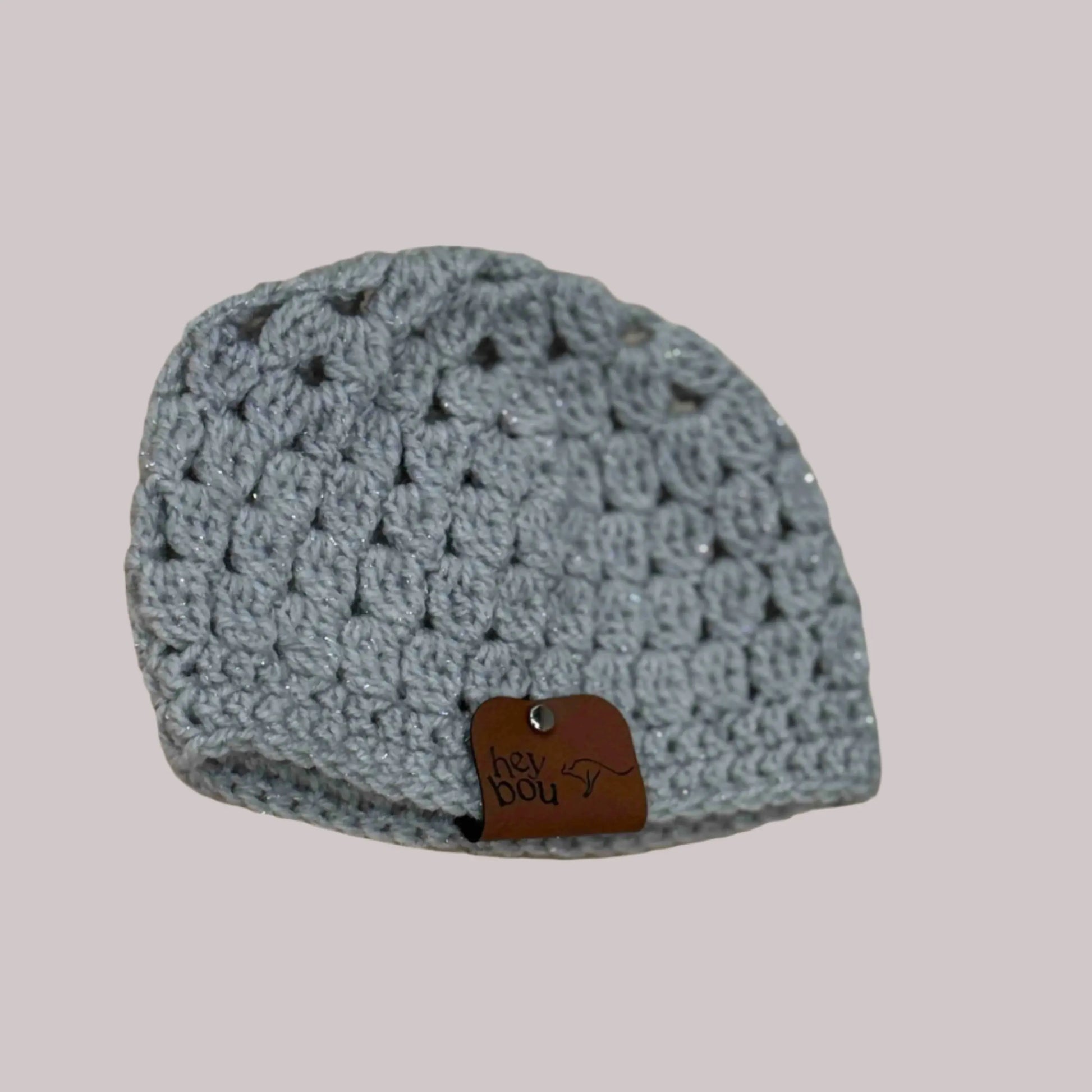 Light Grey Sparkle Treble Cluster & Double Crochet Baby Beanie 36-47cm H 14cm HeyBou - Made by Lisa