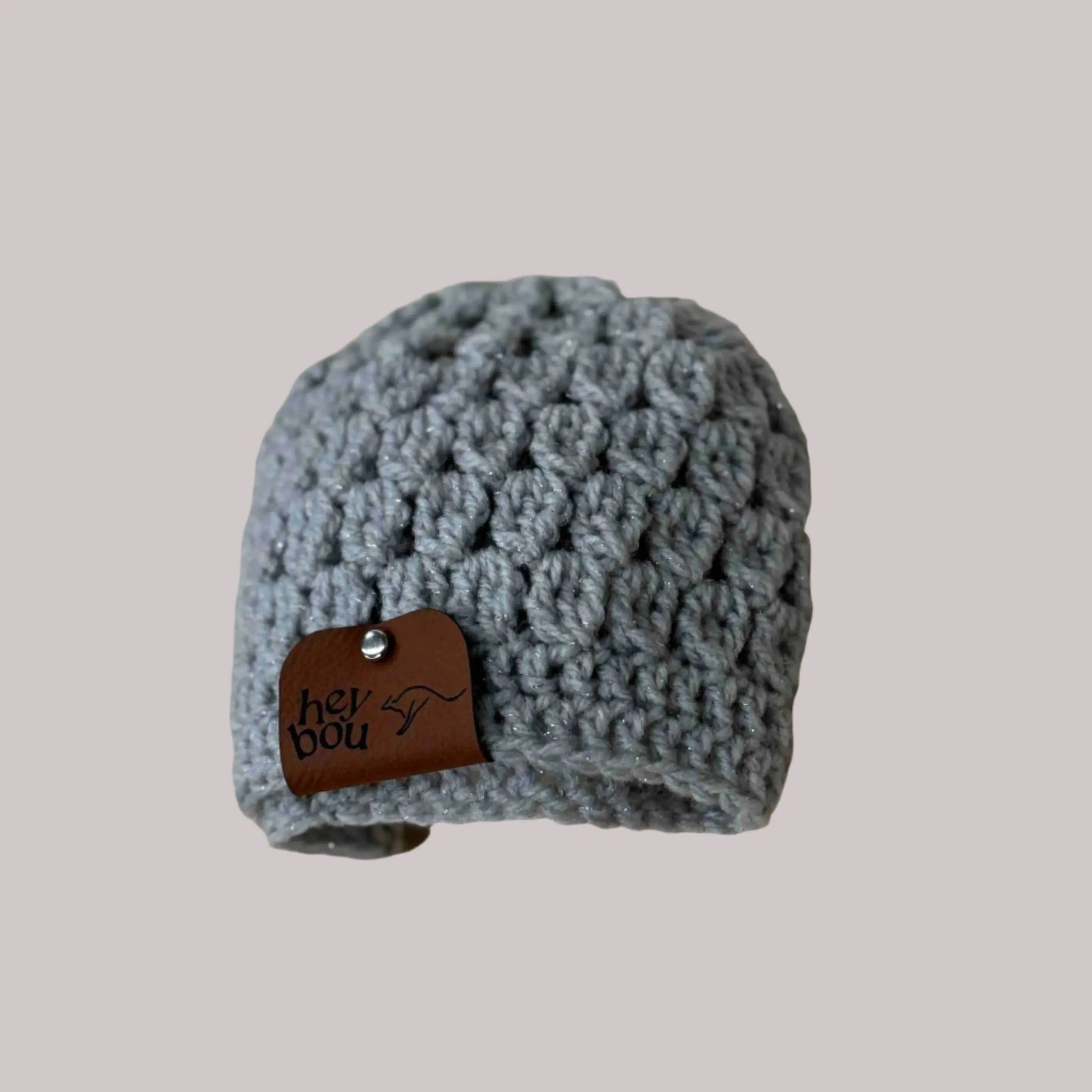 Light Grey Sparkle Treble Cluster & Double Crochet Baby Beanie 36-47cm H 14cm HeyBou - Made by Lisa