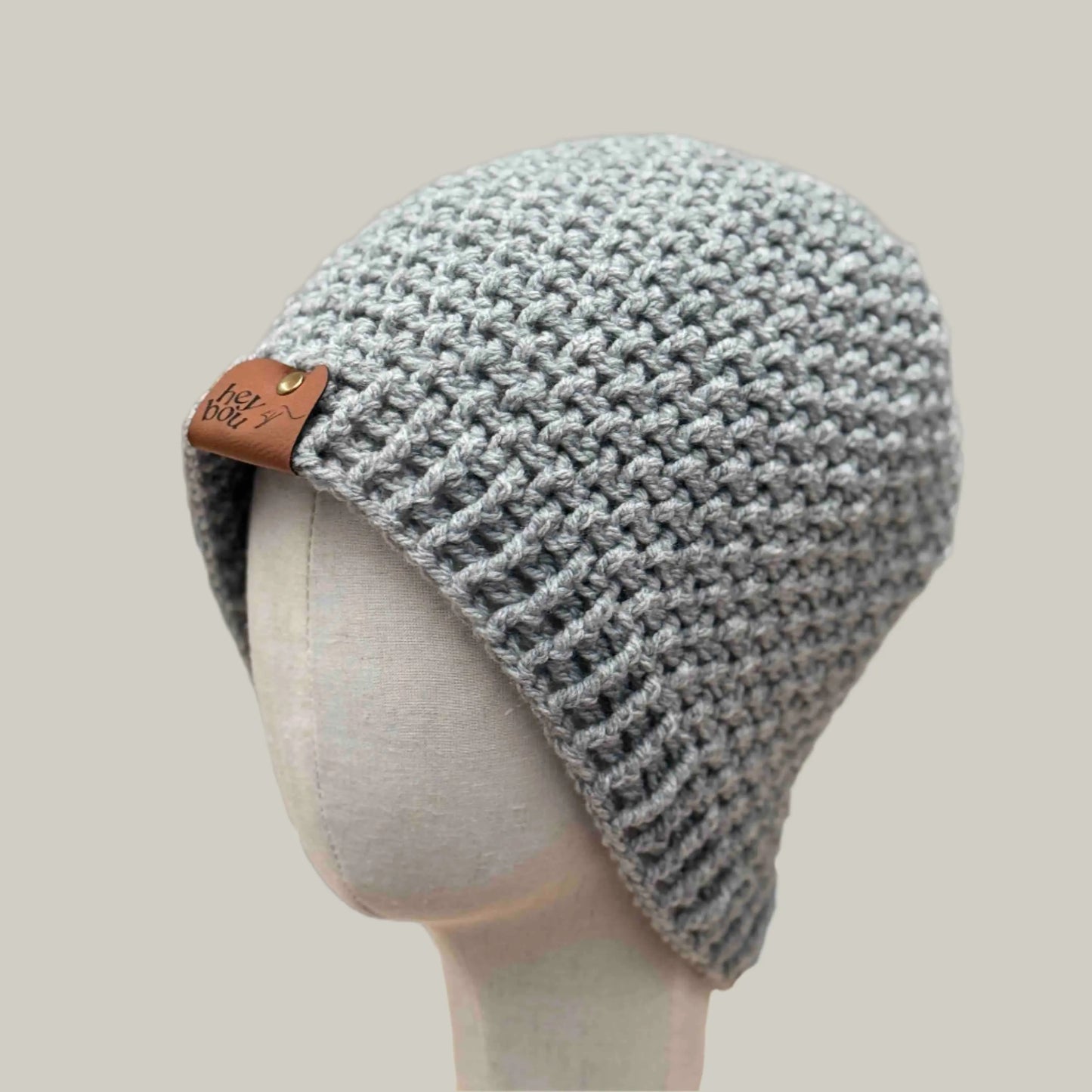 Light Grey Treble Crochet 3cm Rib Moss Rib 2XL Adult Beanie 61-80cm H 26cm HeyBou - Made by Lisa