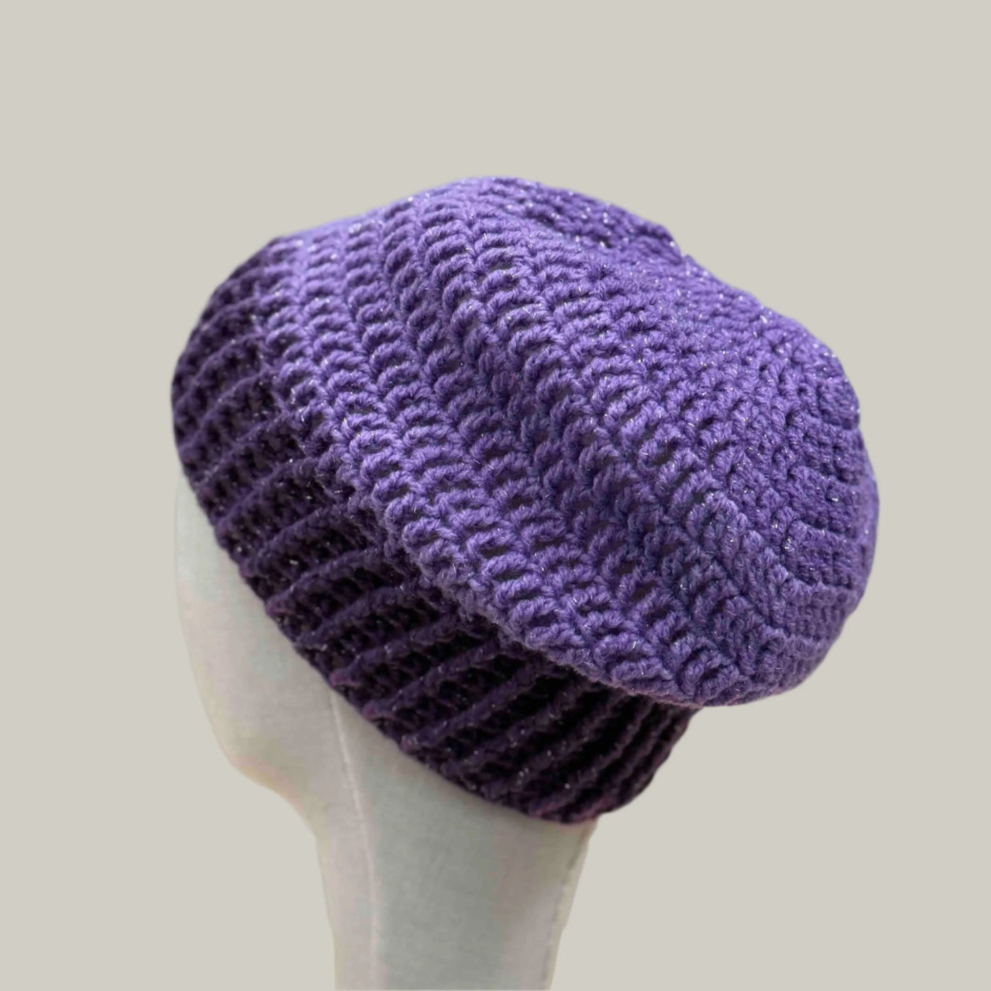 Maeve & Dark Purple Sparkle Treble Crochet Adult Slouchy Beanie 46-67cm H 26cm HeyBou