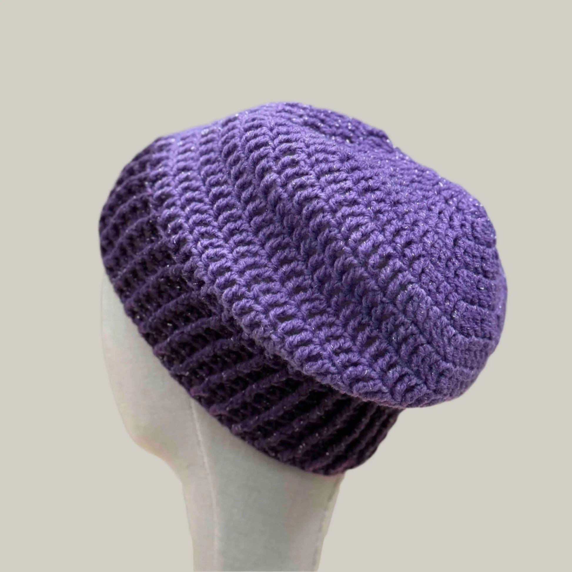 Maeve & Dark Purple Sparkle Treble Crochet Adult Slouchy Beanie 46-67cm H 26cm HeyBou