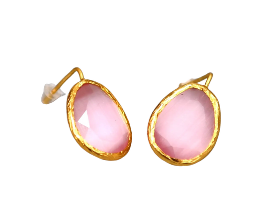 Gold Plated Half Hook Pink Oval Cat Eye Earrings Hey Bou
