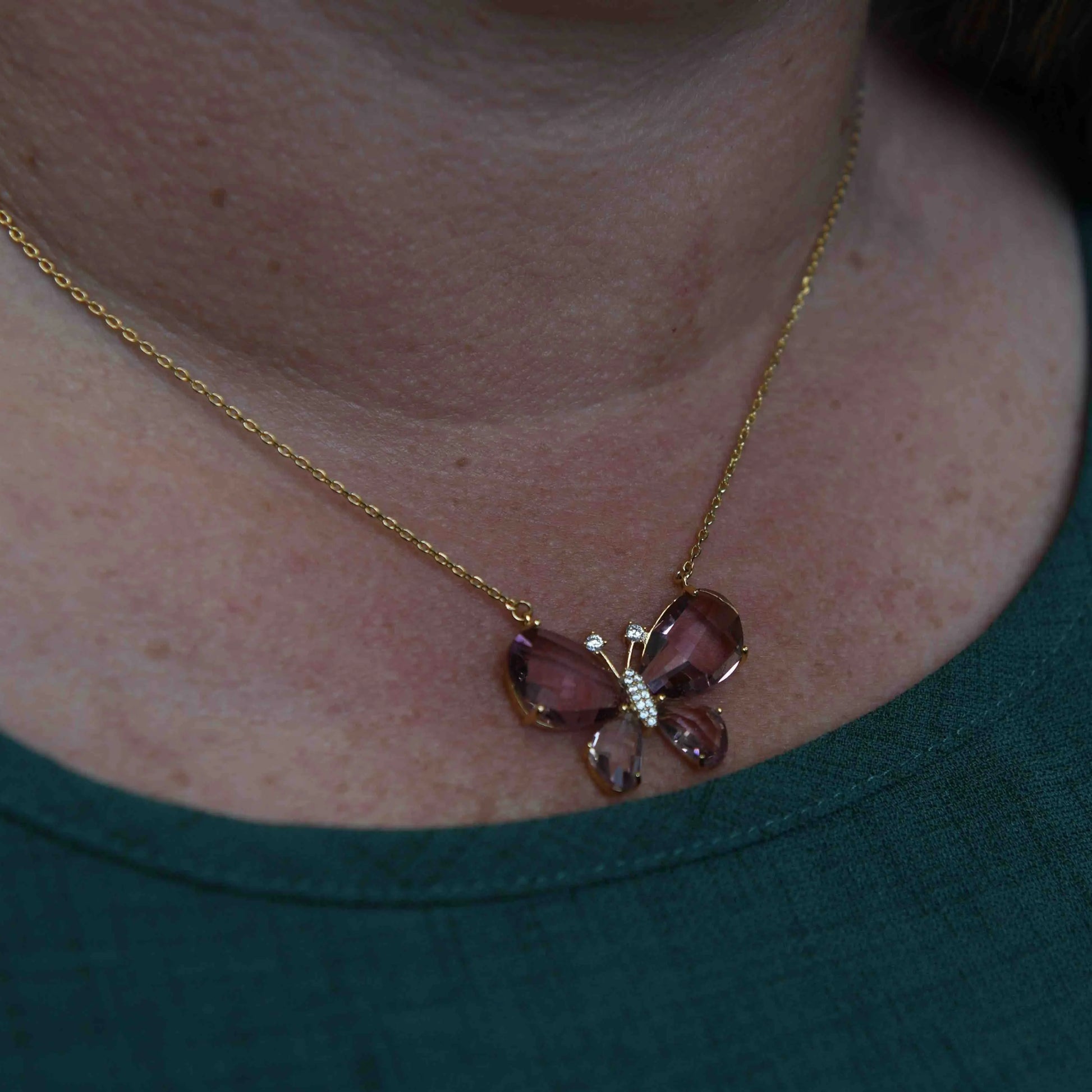 Gold Plated Purple Butterfly Pendant on a fine Necklace Hey Bou