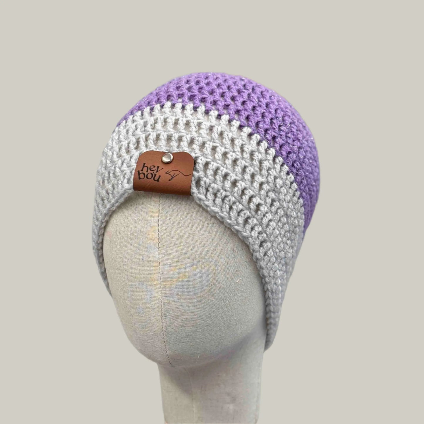 Purple Grey 1 Treble Crochet Sparkle Adult Beanie 52-64cm H 22cm HeyBou - Made by Lisa