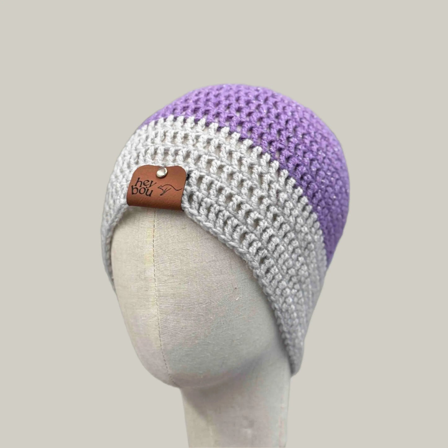 Purple Grey 1 Treble Crochet Sparkle Adult Beanie 52-64cm H 22cm HeyBou - Made by Lisa