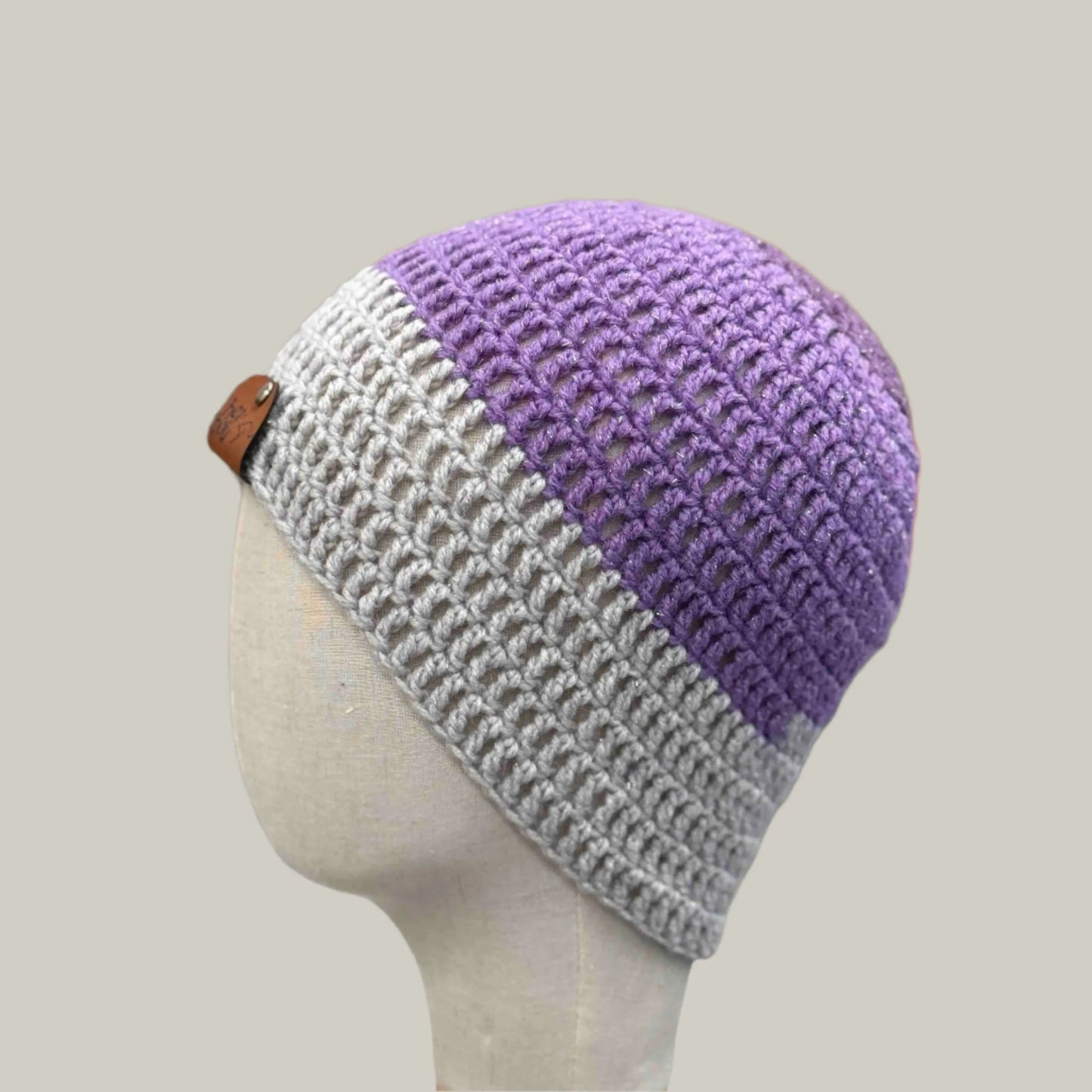 Purple Grey 1 Treble Crochet Sparkle Adult Beanie 52-64cm H 22cm HeyBou - Made by Lisa