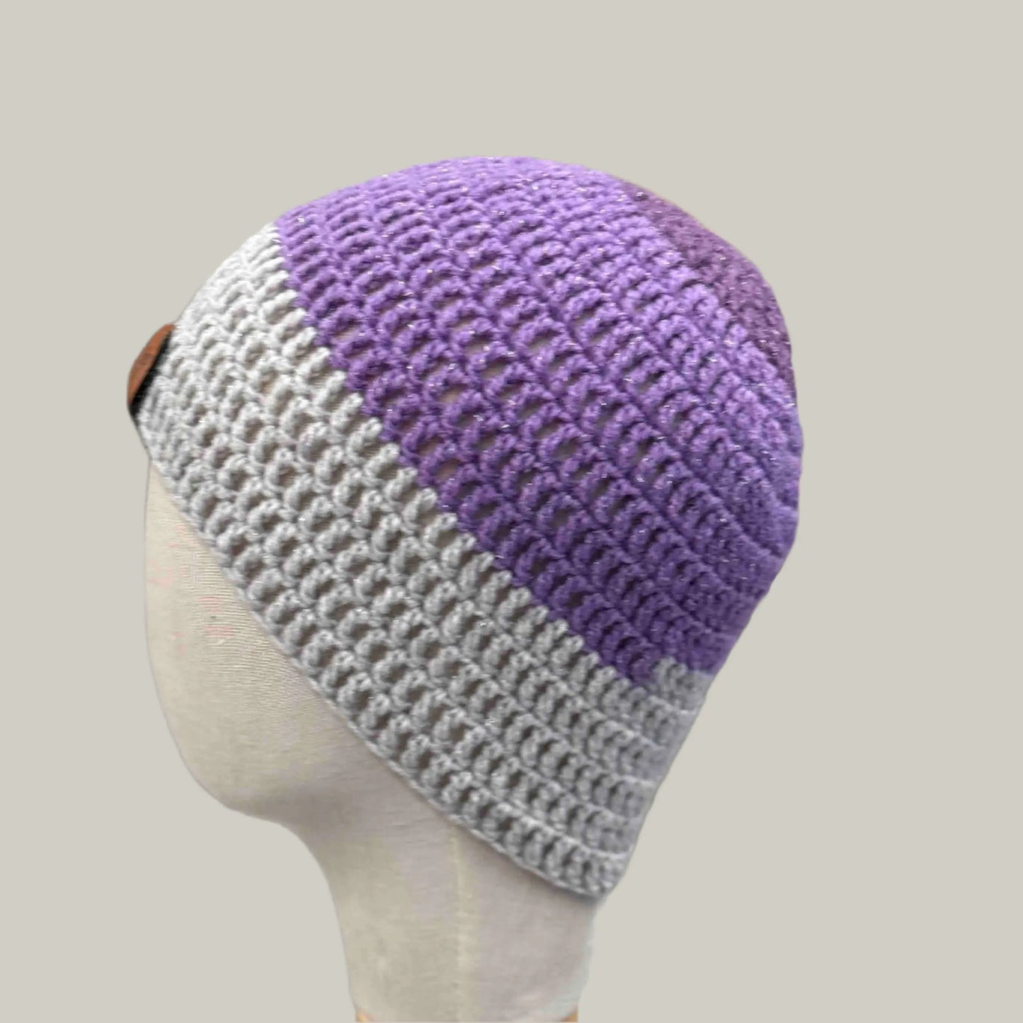 Purple Grey 1 Treble Crochet Sparkle Adult Beanie 52-64cm H 22cm HeyBou - Made by Lisa