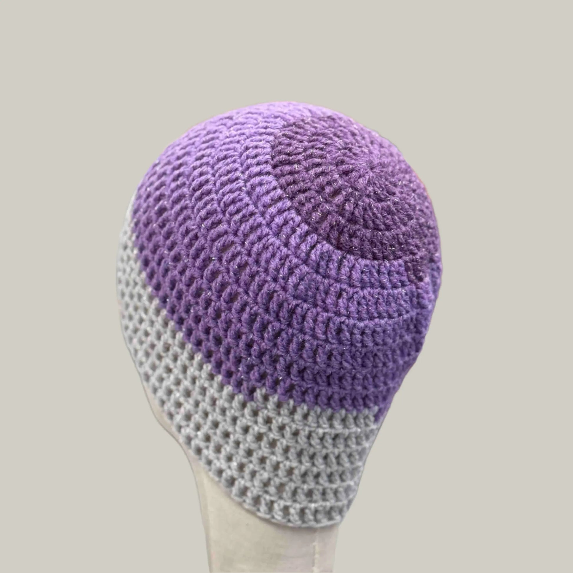 Purple Grey 1 Treble Crochet Sparkle Adult Beanie 52-64cm H 22cm HeyBou - Made by Lisa