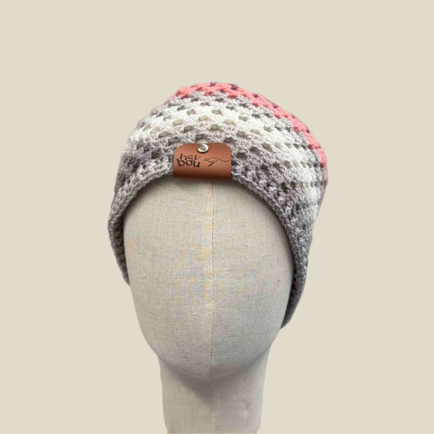 Purple Pink Greys Double Crochet Cluster 2cm Rib XL Adult Beanie 58-78cm H 21cm HeyBou - Made by Lisa