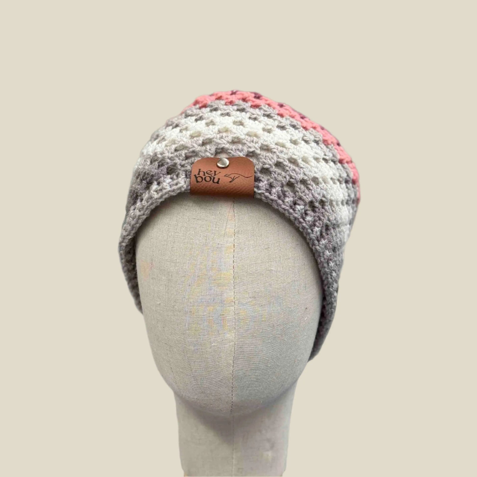 Purple Pink Greys Double Crochet Cluster 2cm Rib XL Adult Beanie 58-78cm H 21cm HeyBou - Made by Lisa