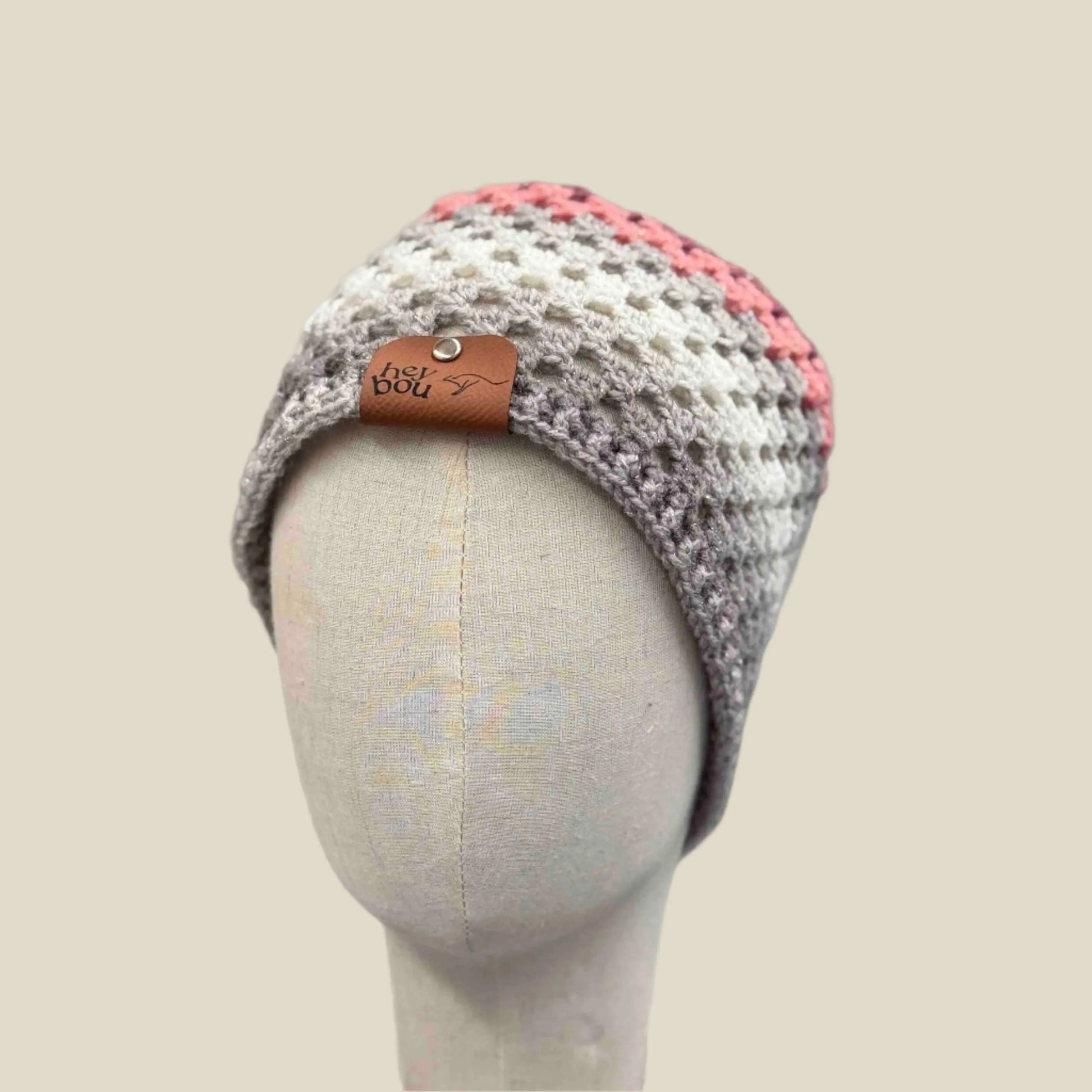 Purple Pink Greys Double Crochet Cluster 2cm Rib XL Adult Beanie 58-78cm H 21cm HeyBou - Made by Lisa