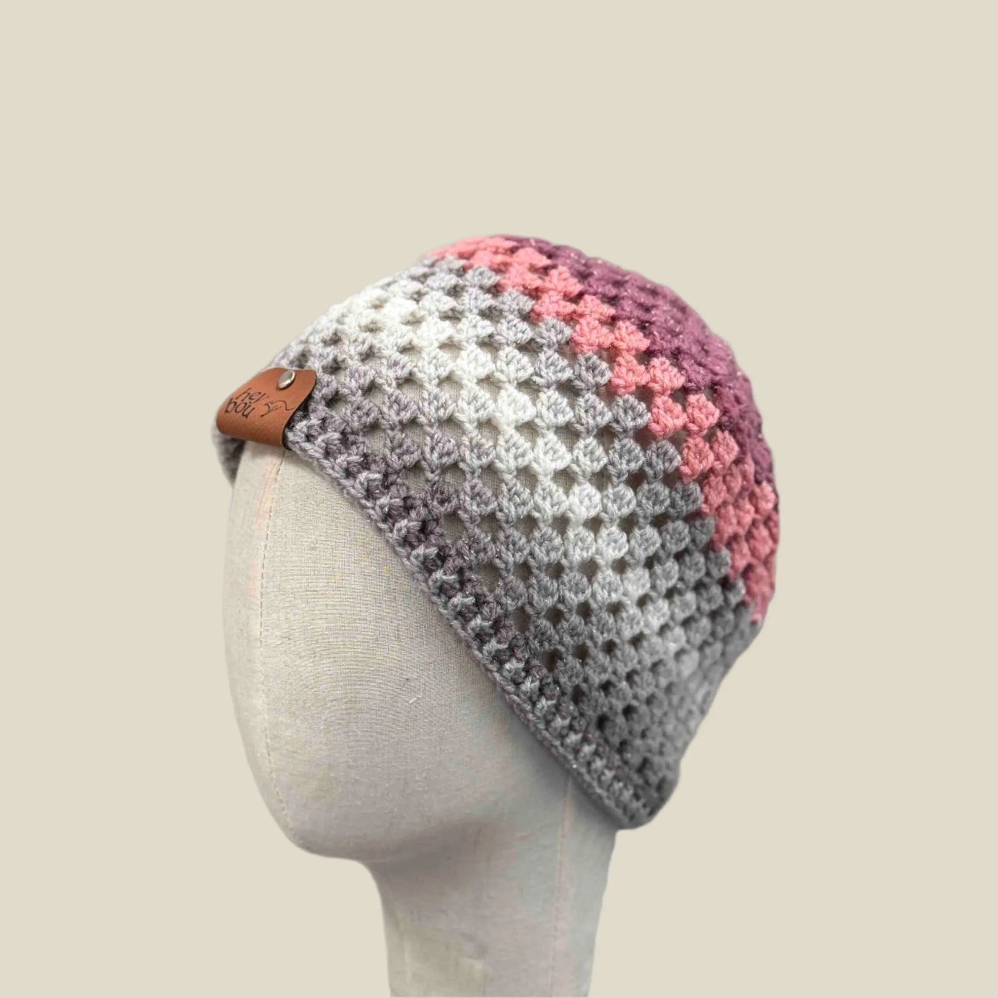 Purple Pink Greys Double Crochet Cluster 2cm Rib XL Adult Beanie 58-78cm H 21cm HeyBou - Made by Lisa