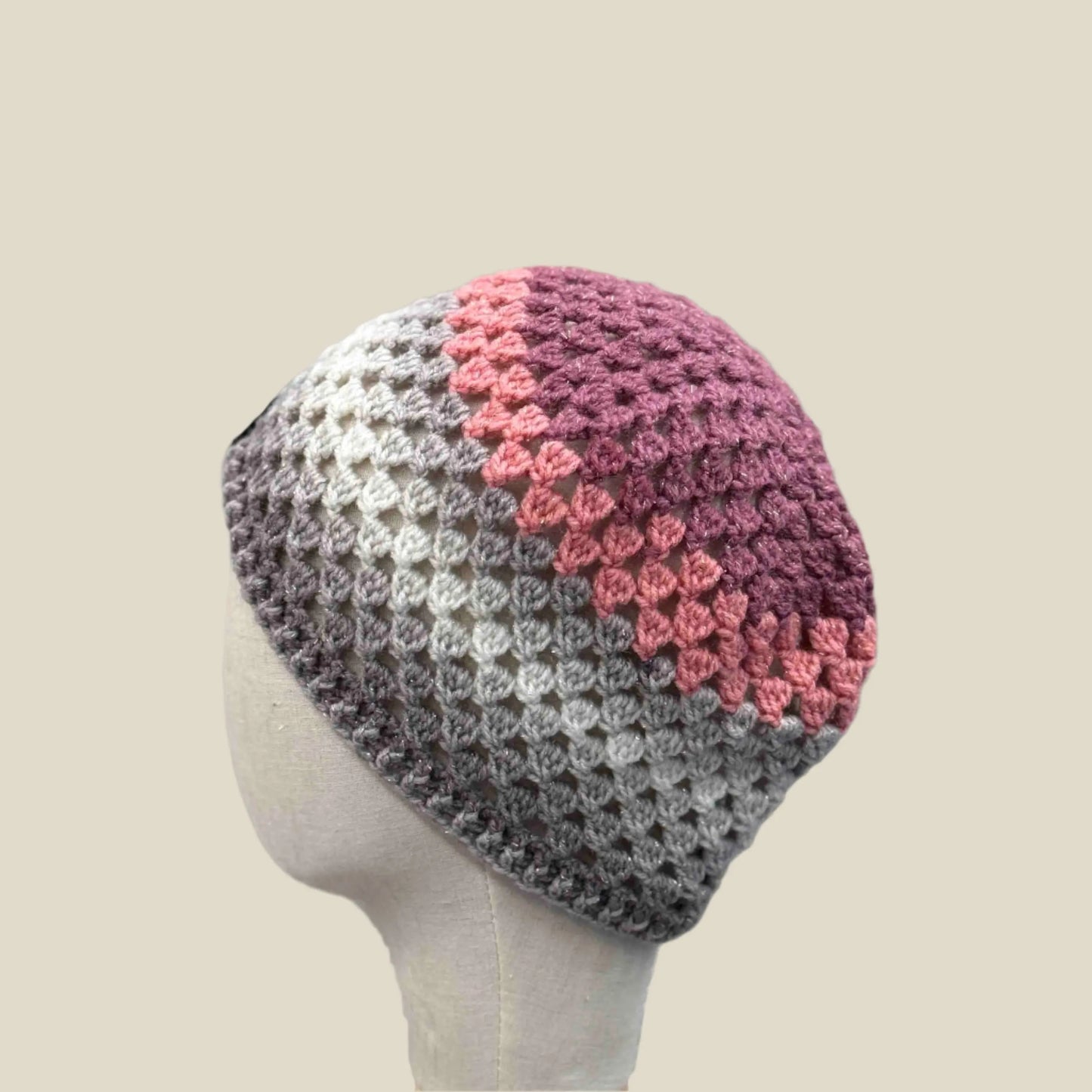 Purple Pink Greys Double Crochet Cluster 2cm Rib XL Adult Beanie 58-78cm H 21cm HeyBou - Made by Lisa