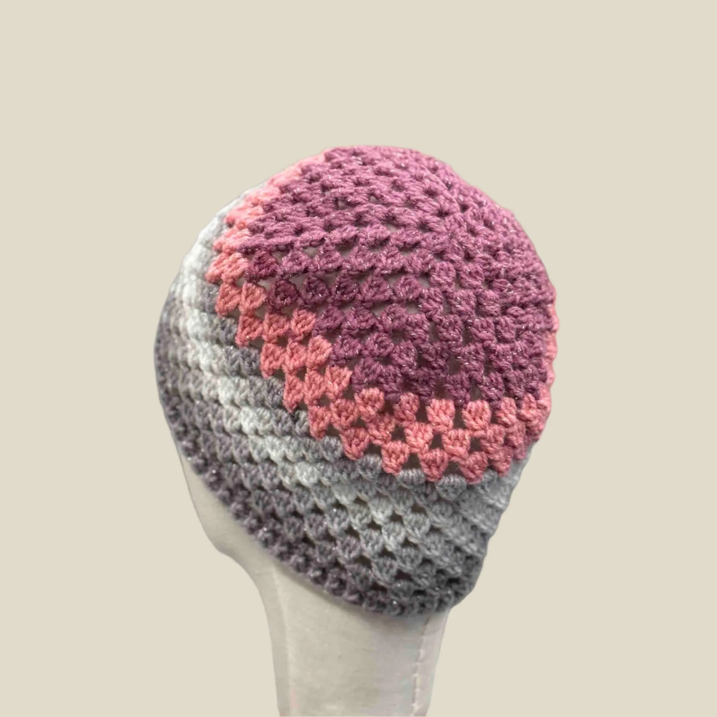 Purple Pink Greys Double Crochet Cluster 2cm Rib XL Adult Beanie 58-78cm H 21cm HeyBou - Made by Lisa
