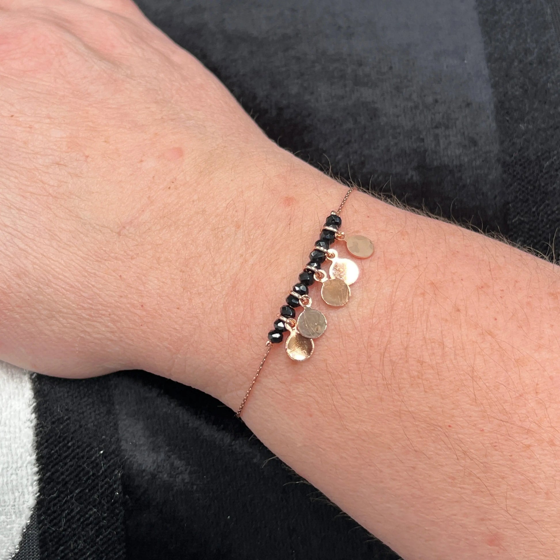 Rose Gold Black Bead & Circle Disk Bracelet Hey Bou