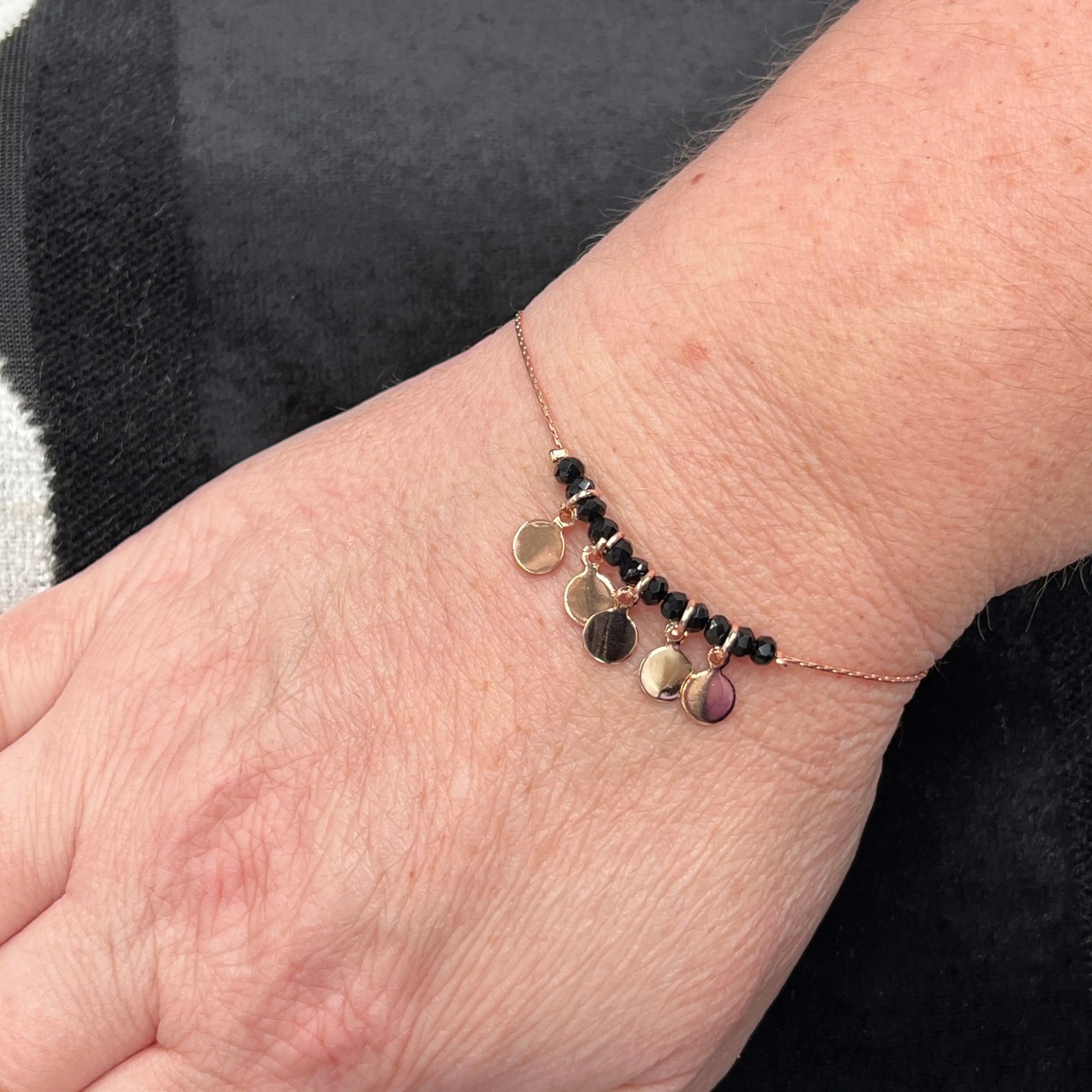 Rose Gold Black Bead & Circle Disk Bracelet Hey Bou