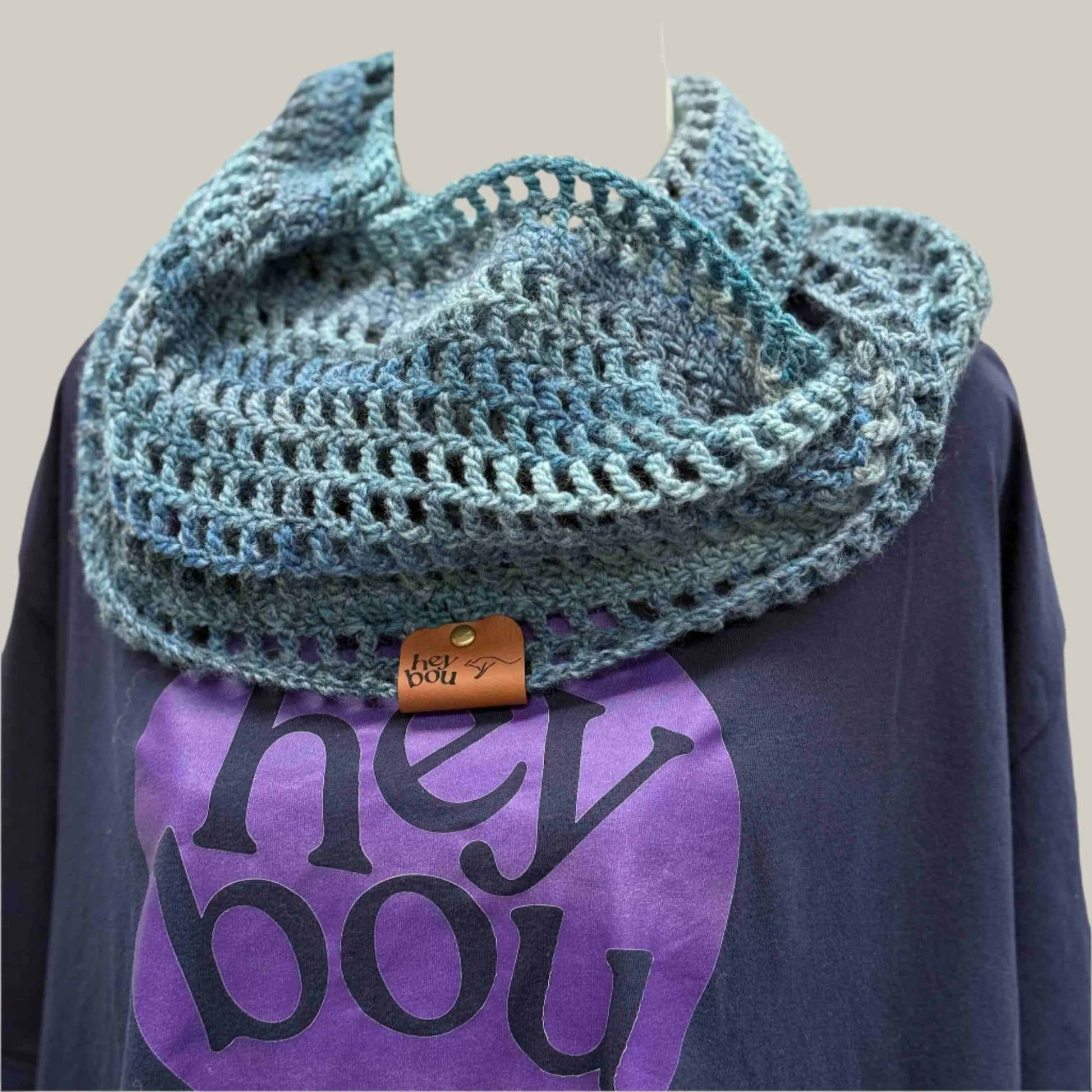 Sierra Blue Treble & Double Crochet Circular Scarf 162cm x 22cm HeyBou - Made by Lisa