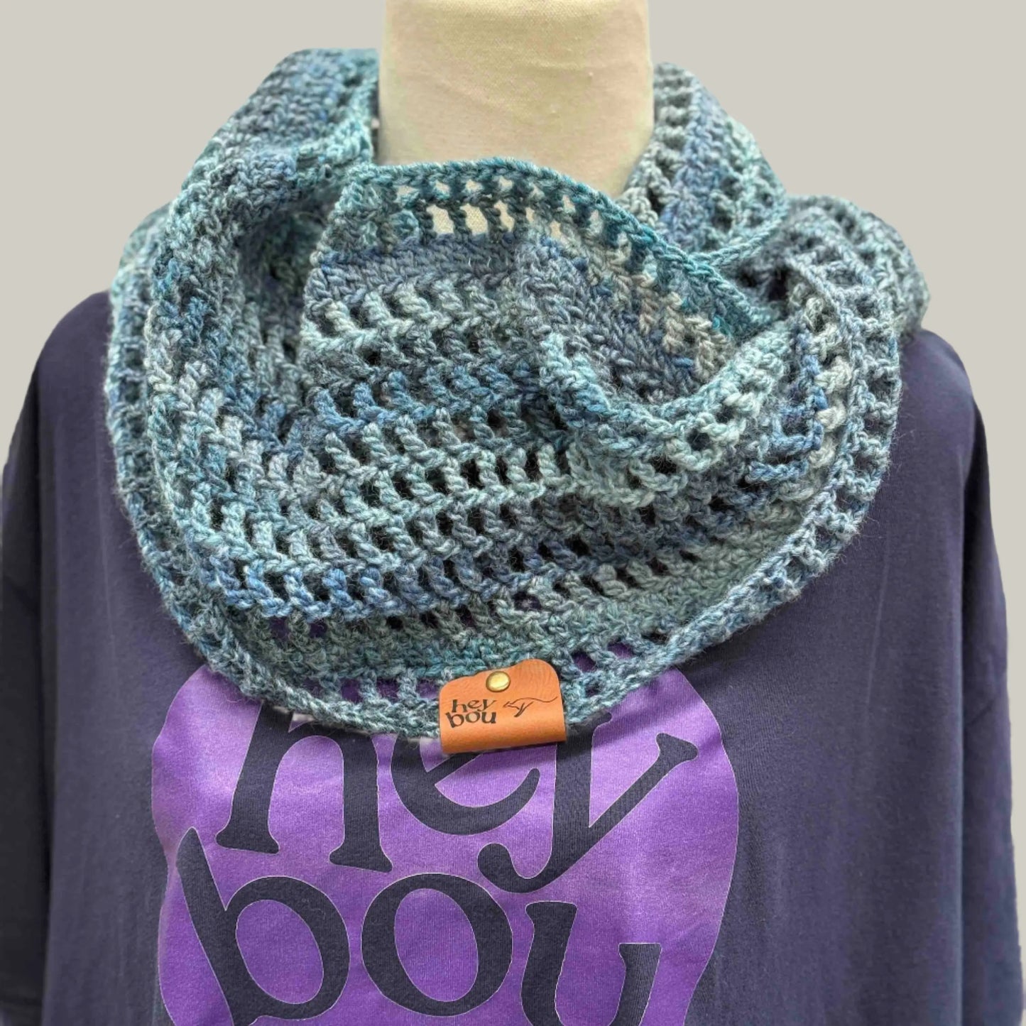 Sierra Blue Treble & Double Crochet Circular Scarf 162cm x 22cm HeyBou - Made by Lisa