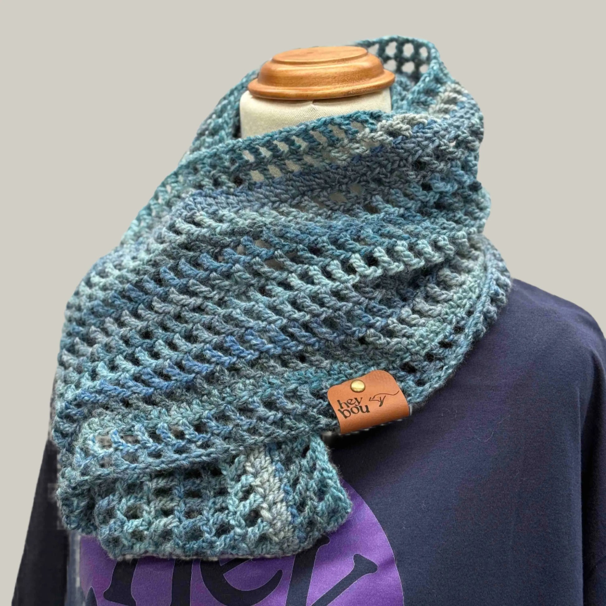 Sierra Blue Treble & Double Crochet Circular Scarf 162cm x 22cm HeyBou - Made by Lisa