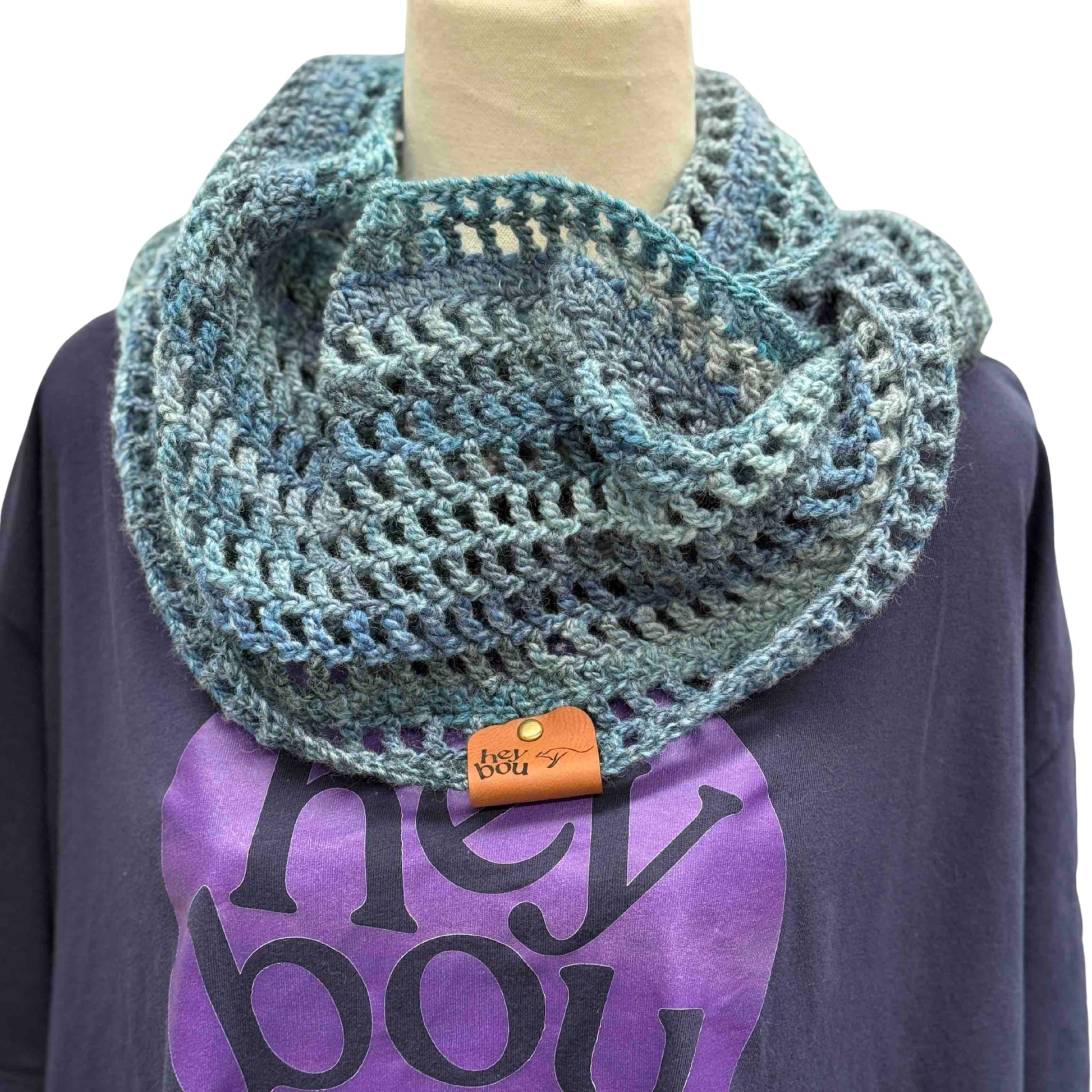 Sierra Blue Treble & Double Crochet Circular Scarf 162cm x 22cm HeyBou - Made by Lisa