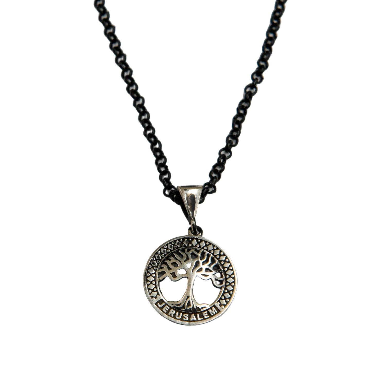 Small Jerusalem Tree of Life Sterling Silver Necklace Black Chain Hey Bou