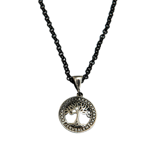 Small Jerusalem Tree of Life Sterling Silver Necklace Black Chain Hey Bou