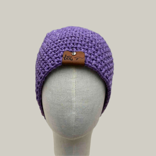 Sparkle Purple Treble Crochet Moss Rib Adult Beanie 56-75cm H 22cm HeyBou