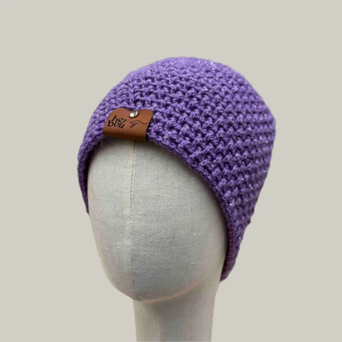 Sparkle Purple Treble Crochet Moss Rib Adult Beanie 56-75cm H 22cm HeyBou
