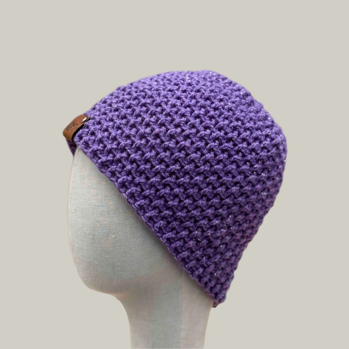 Sparkle Purple Treble Crochet Moss Rib Adult Beanie 56-75cm H 22cm HeyBou