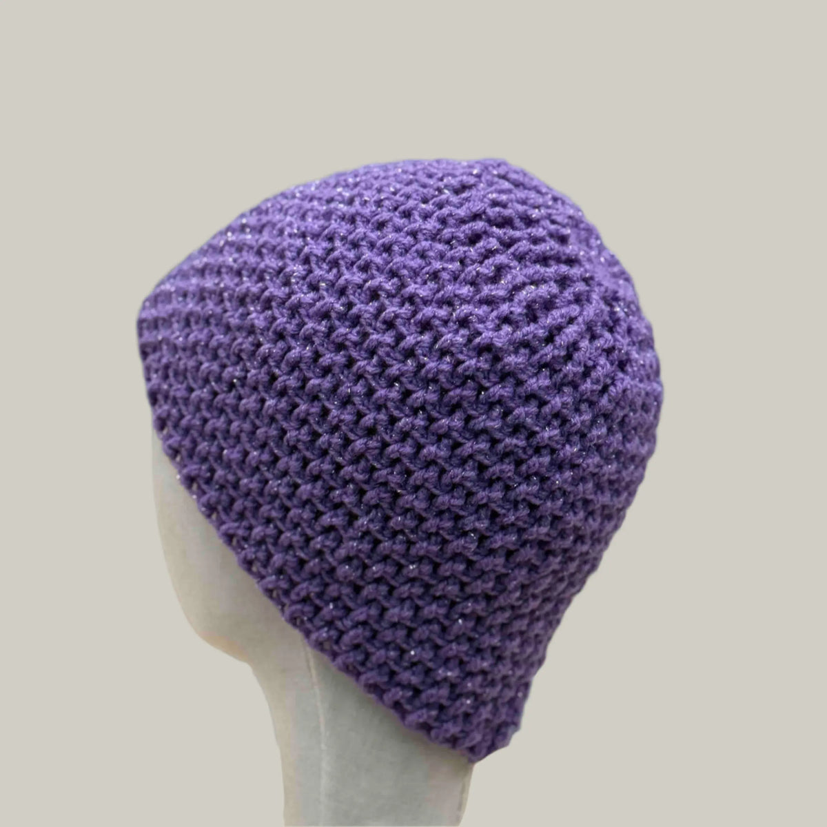 Sparkle Purple Treble Crochet Moss Rib Adult Beanie 56-75cm H 22cm HeyBou