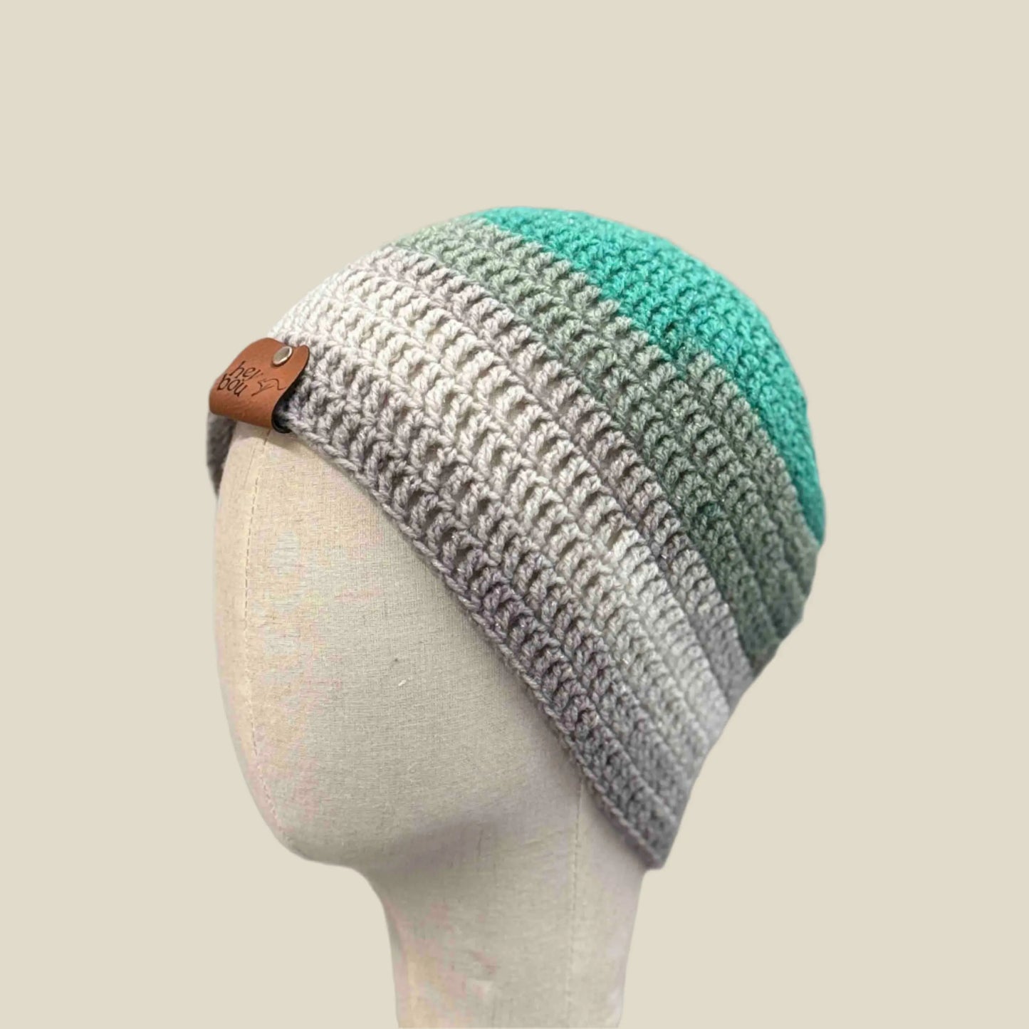 Teal Greys Treble Crochet Adult Sparkle Beanie 53-71cm H 21cm HeyBou - Made by Lisa