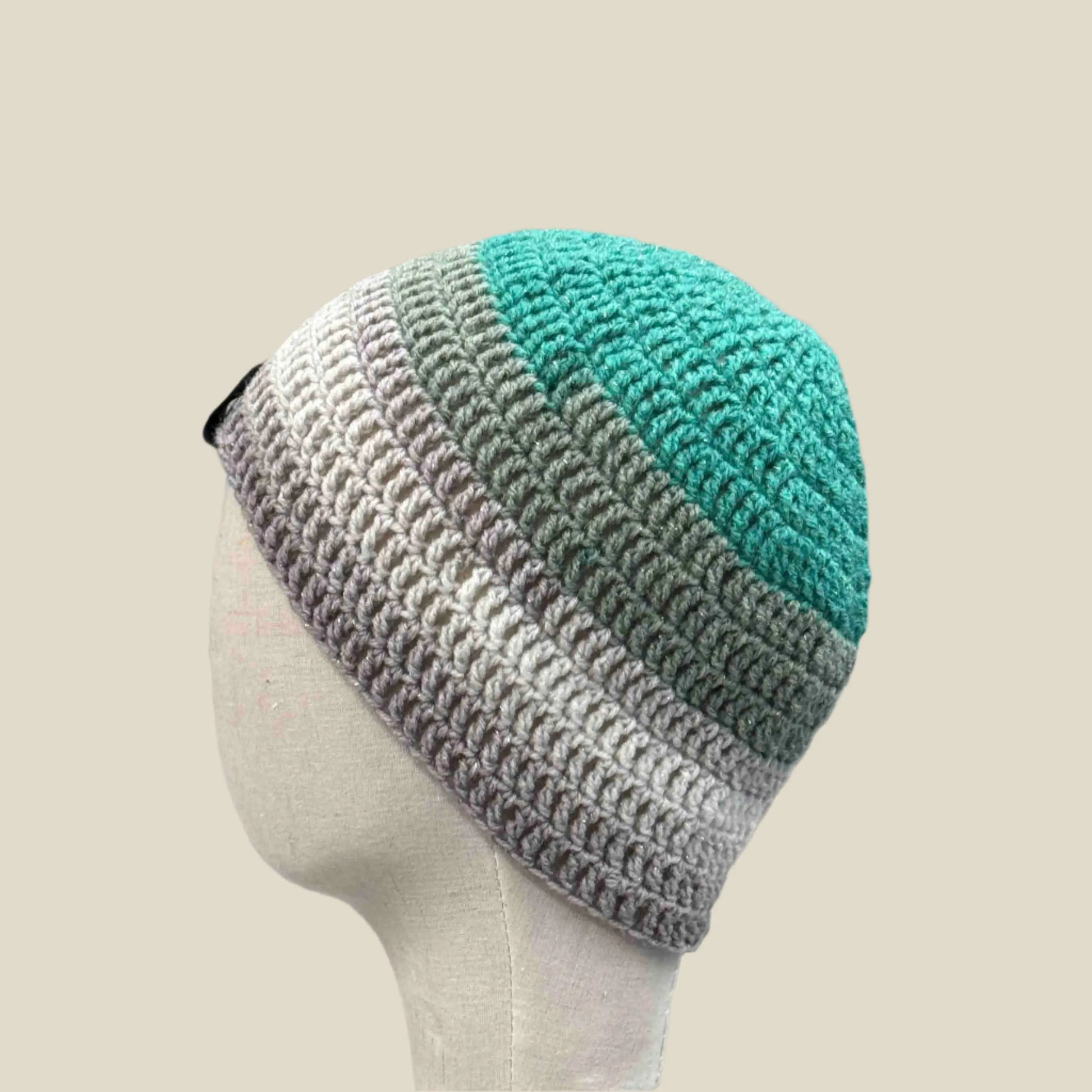 Teal Greys Treble Crochet Adult Sparkle Beanie 53-71cm H 21cm HeyBou - Made by Lisa