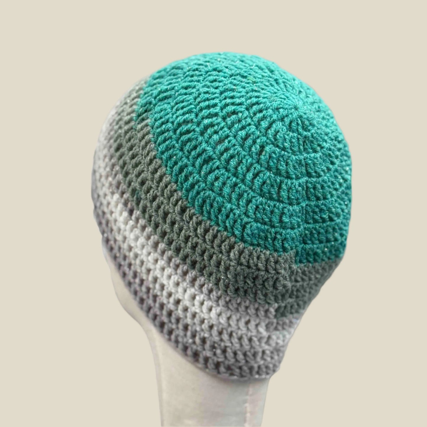 Teal Greys Treble Crochet Adult Sparkle Beanie 53-71cm H 21cm HeyBou - Made by Lisa