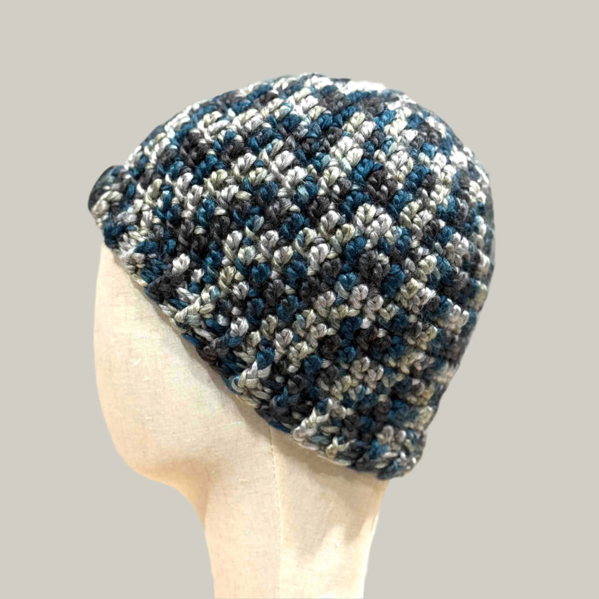 Teal & Grey Soft Child/Adult Double Crochet Beanie 47-62cm H 21cm HeyBou - Made by Lisa