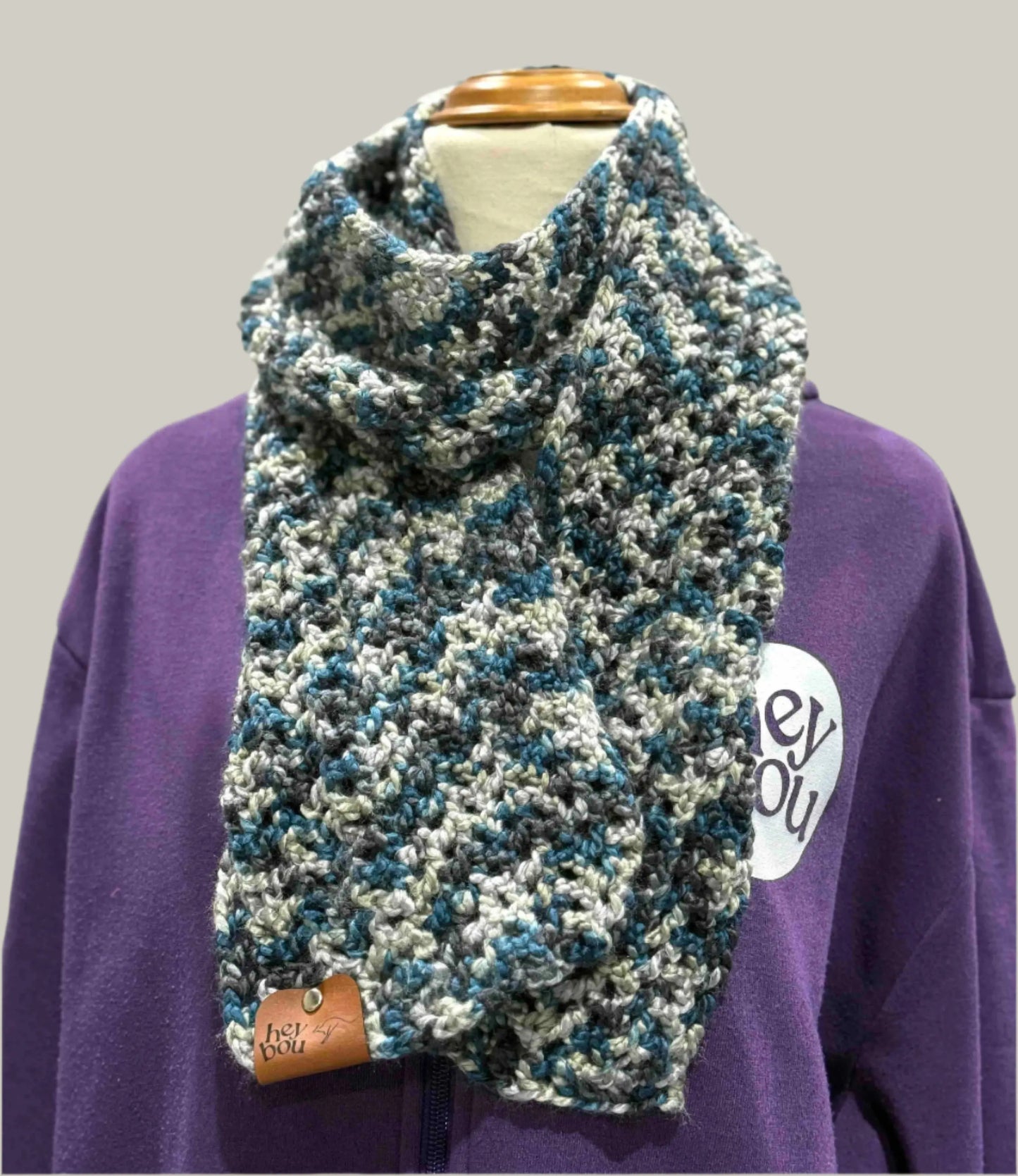 Teal & Grey Soft Double Crochet Scarf 148cm by 16cm HeyBou - Made by Lisa