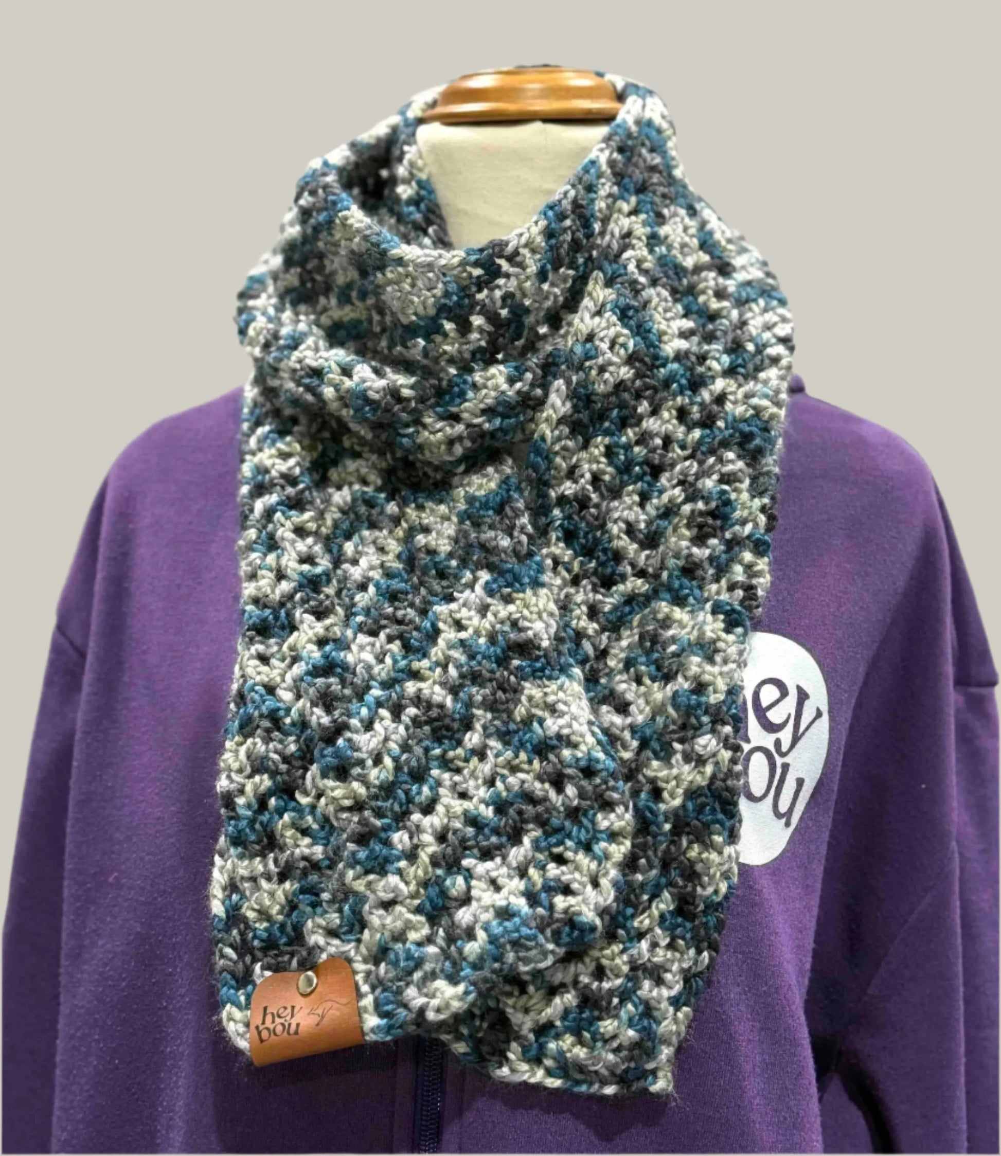 Teal & Grey Soft Double Crochet Scarf 148cm by 16cm HeyBou - Made by Lisa