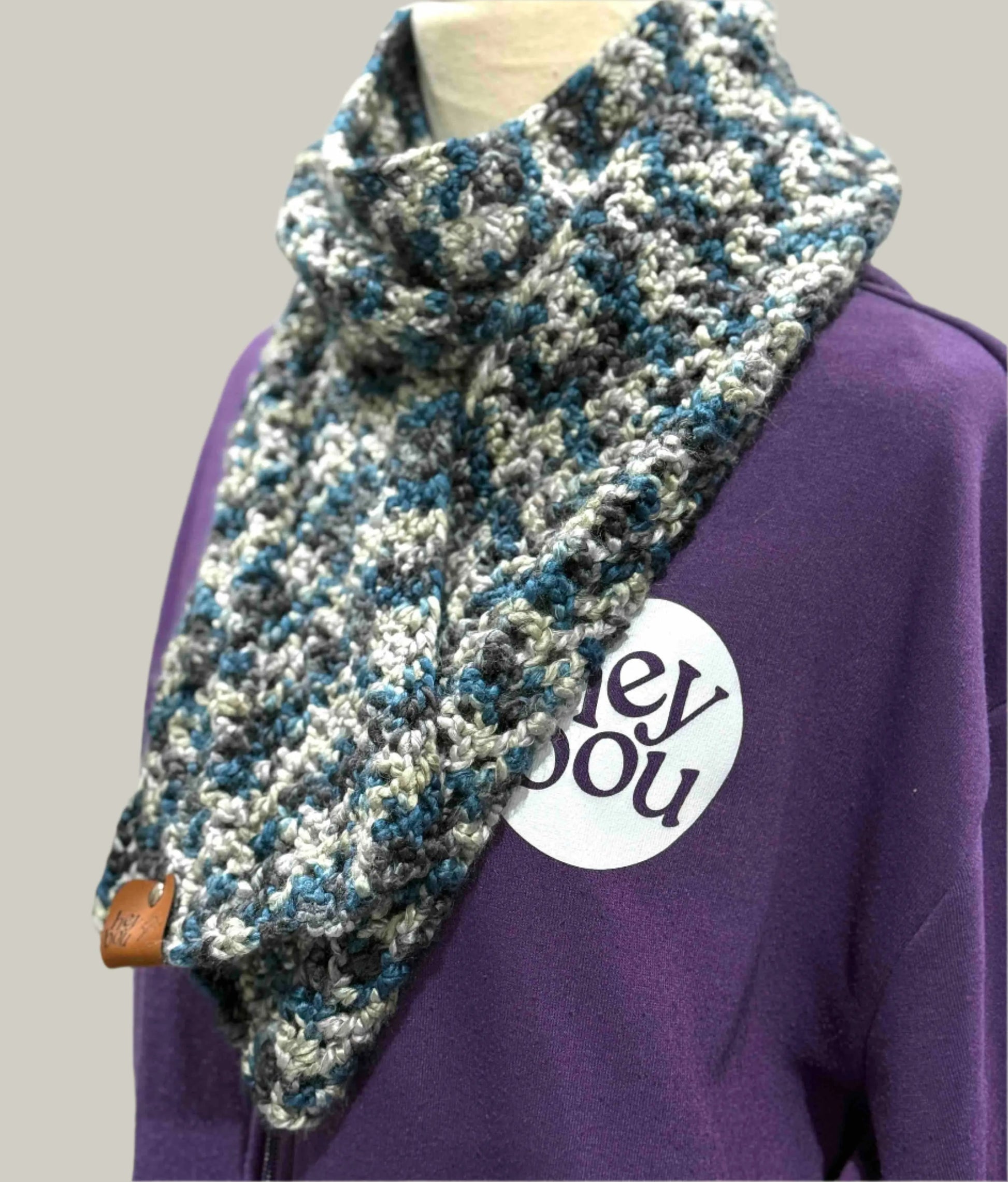 Teal & Grey Soft Double Crochet Scarf 148cm by 16cm HeyBou - Made by Lisa