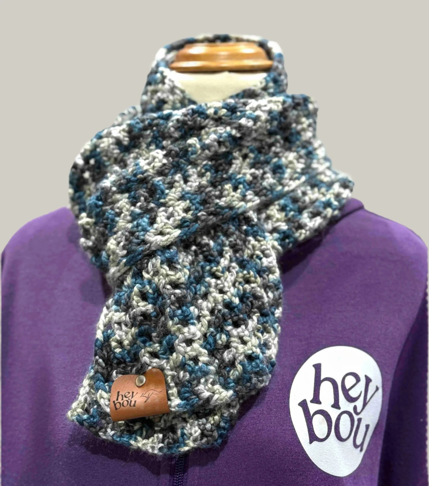 Teal & Grey Soft Double Crochet Scarf 148cm by 16cm HeyBou - Made by Lisa
