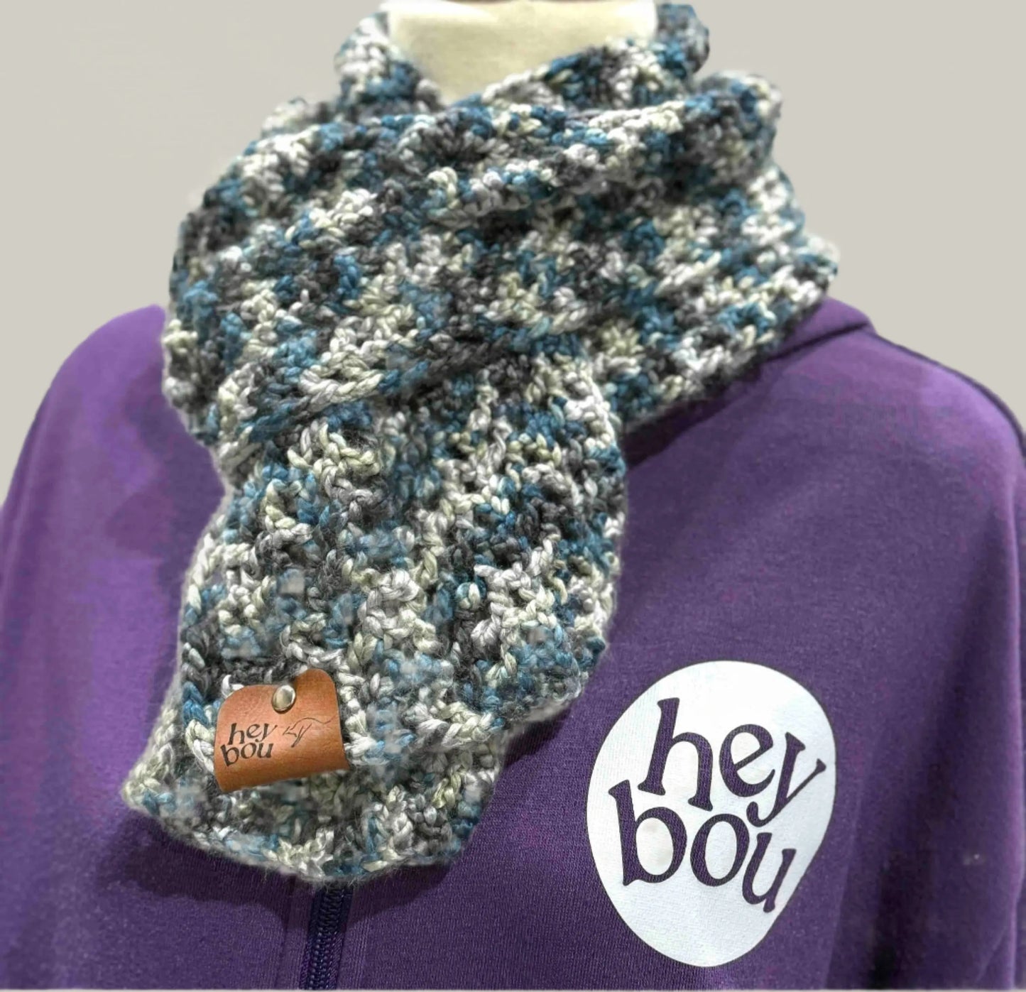 Teal & Grey Soft Double Crochet Scarf 148cm by 16cm HeyBou - Made by Lisa