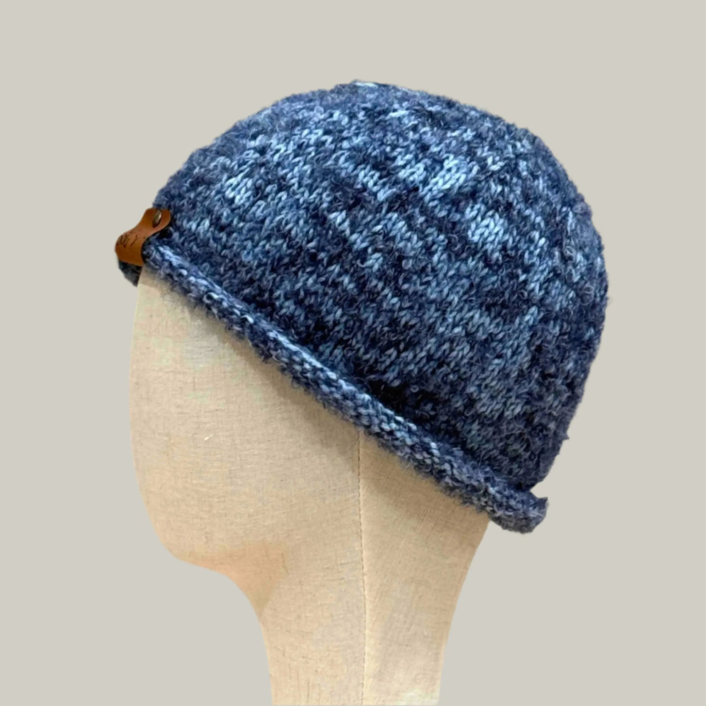 Two Tone Blue Rolled Knitted Adult Fluffy Beanie 50-65cm W 25cm H HeyBou - Made by Lisa