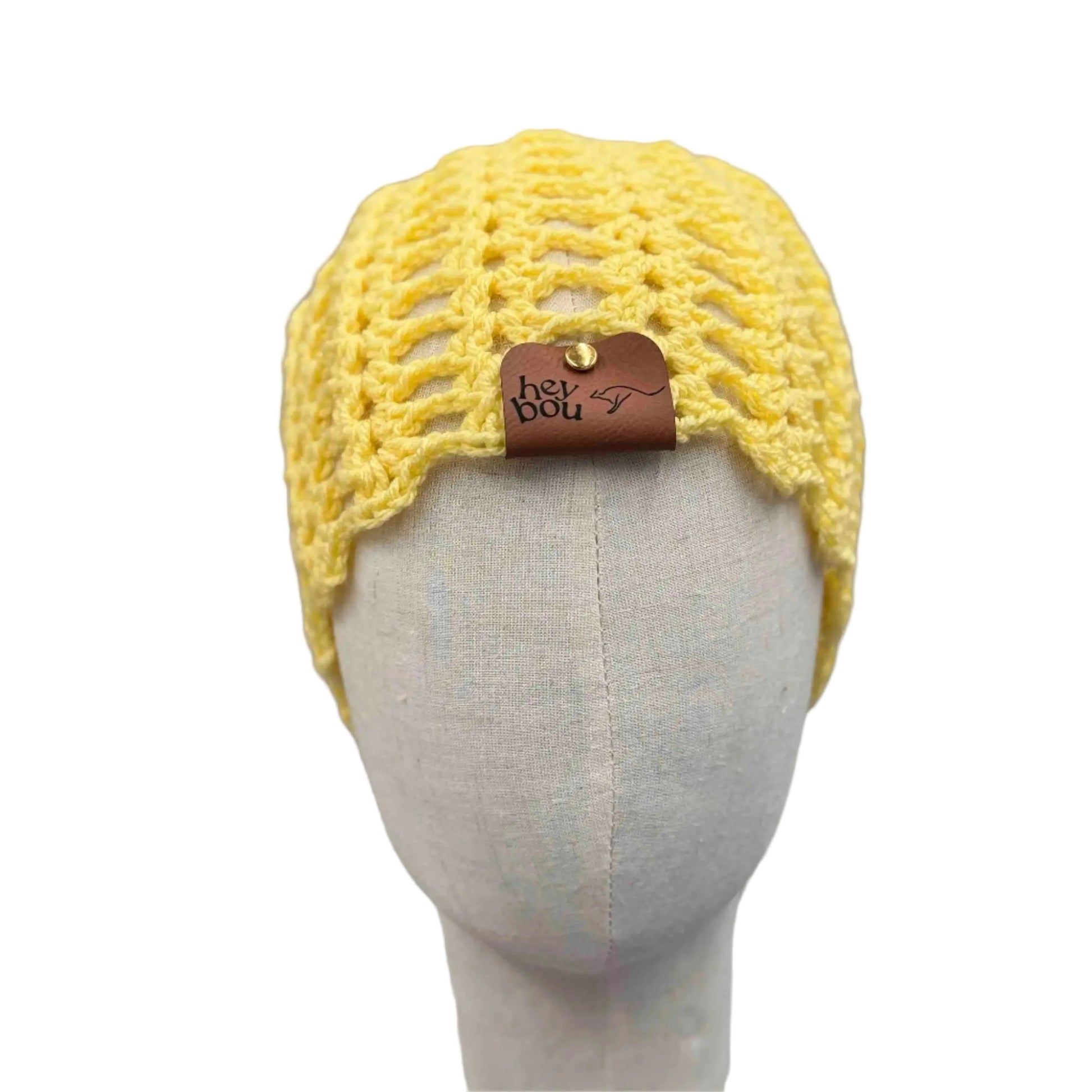 Yellow Open Lace Double Crochet Adult Beanie 53-74cm H 21cm HeyBou - Made by Lisa